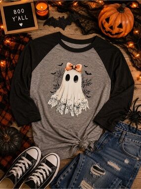 Next Level Apparel Gray & Black Raglan Ghost Tee with Peach Bow